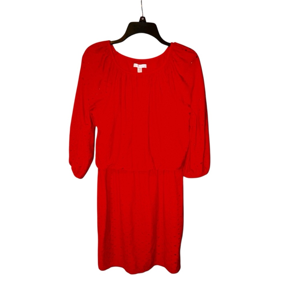London Times Red‎ Eyelet Midi Dress Size 6 Women’s Elastic Waist 3/4 Sleeve